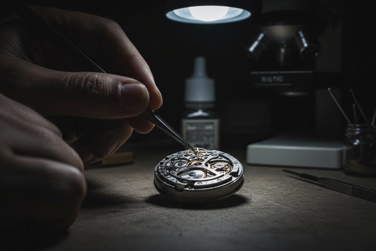 start again, I just want an automati watch movement, dark themed. Showing the process of watch making